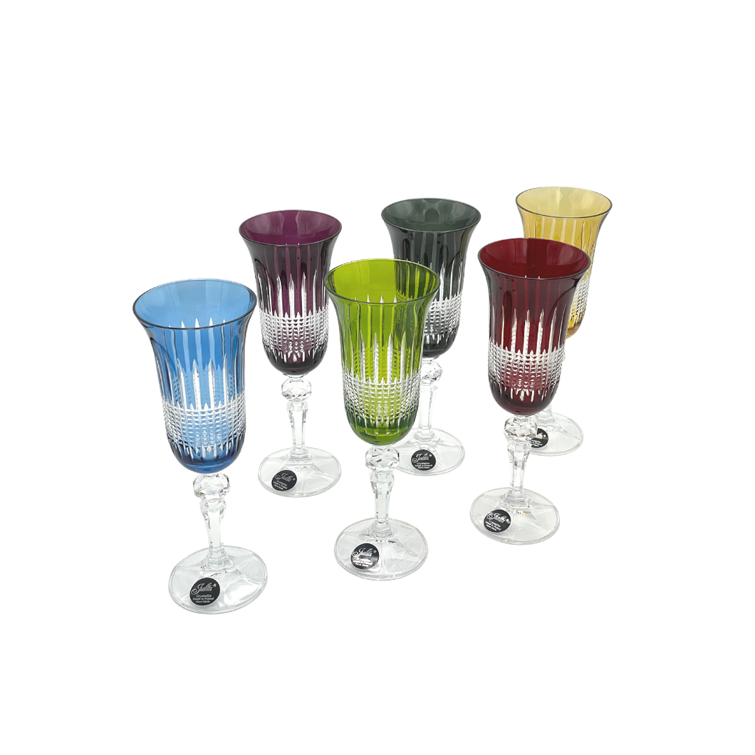 6 Crystal Champagne Glasses - Colour Collection - by Julia Crystal Factory