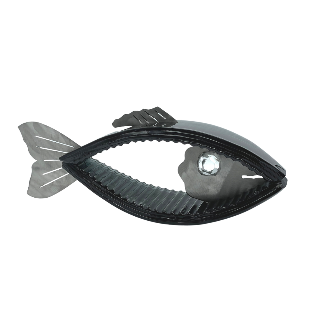 Handmade Black Glass Fish Sculpture with Metal (Medium) - by Andrzej Rafalski