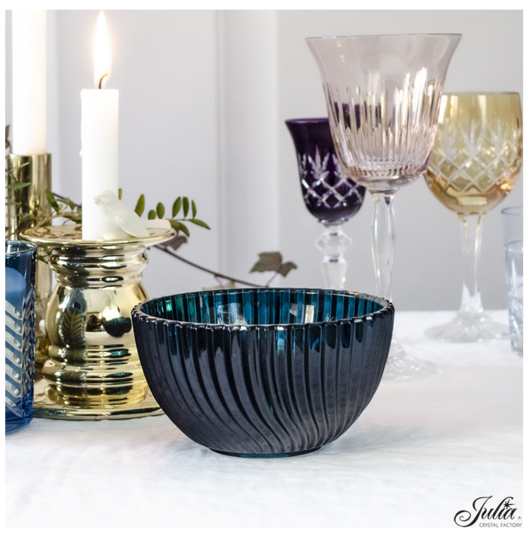 Small Crystal Fruit Bowl - Linea Collection - by Julia Crystal Factory - Blue/Green/Blue
