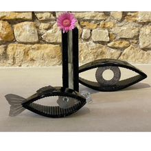 Charger l&#39;image dans la galerie, Handmade Black Glass Eye Sculpture with Metal (Medium) - by Andrzej Rafalski
