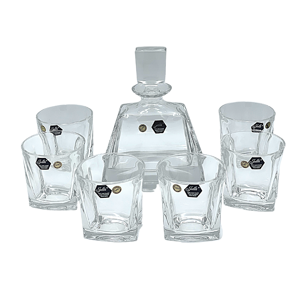 Crystal Low Carafe with 6 Whisky Glasses