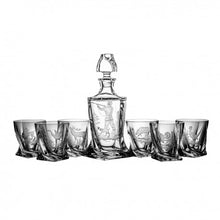 Charger l&#39;image dans la galerie, Crystal Carafe with 6 Whisky Glasses - Hunting Motif - by Julia Crystal Factory
